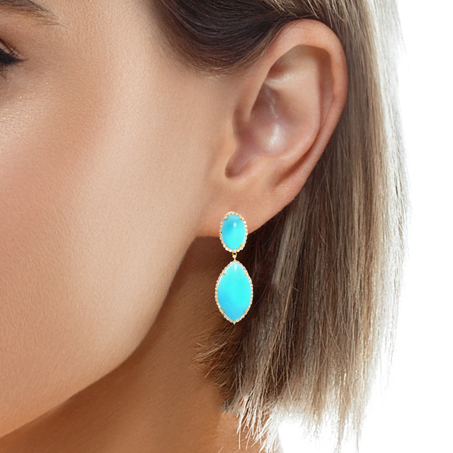 1.18CT Diamond with Turquoise Stone Earrings 14k Yellow Gold