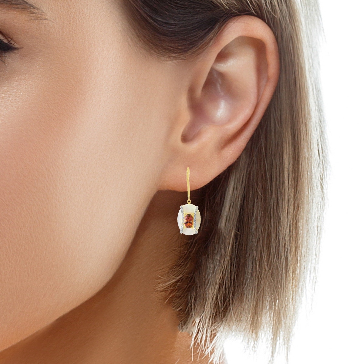 0.17CT Diamond with MOP and Pink Sapphire 14k Yellow Gold Earring