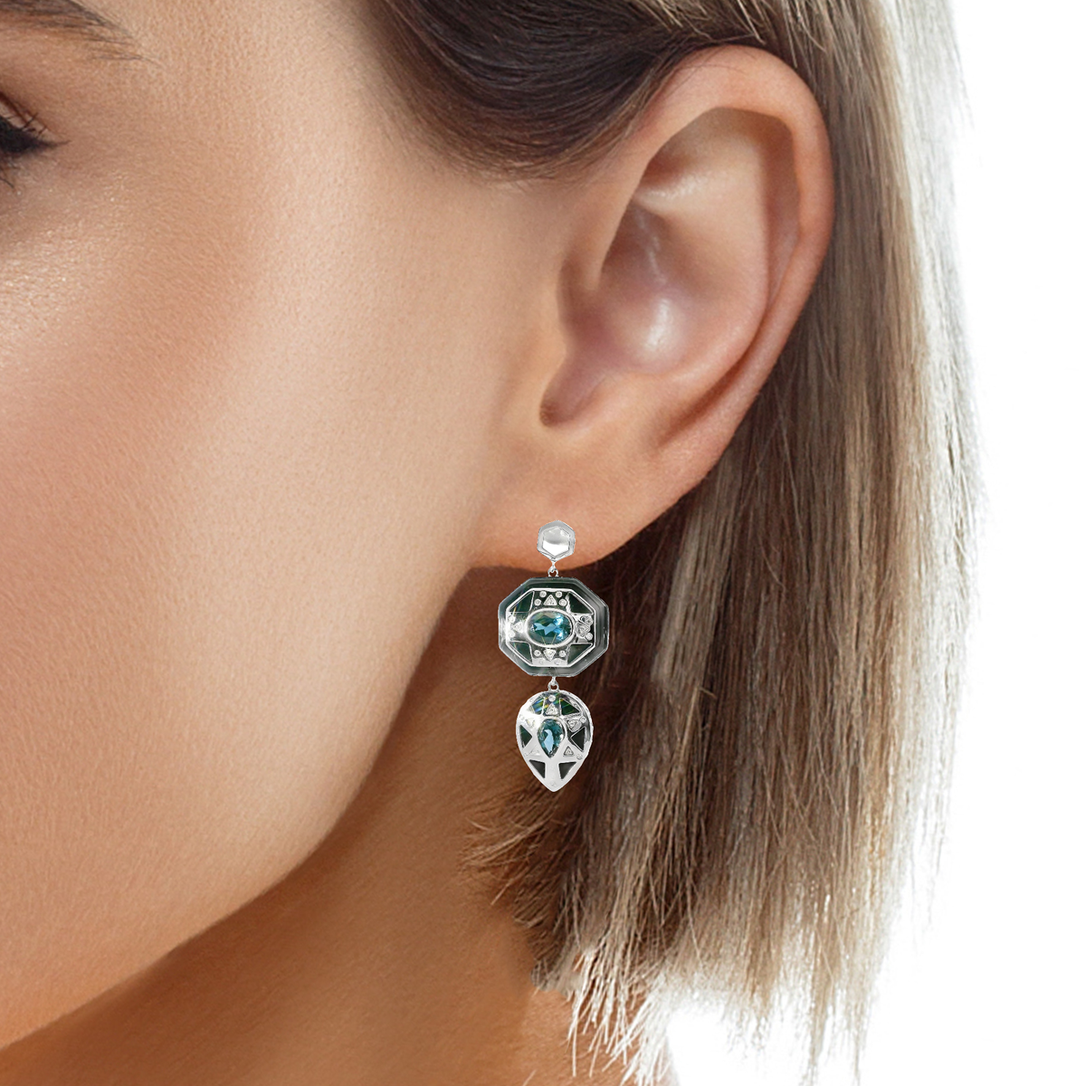 0.18CT Diamond with Black Agate 14k White Gold Earring