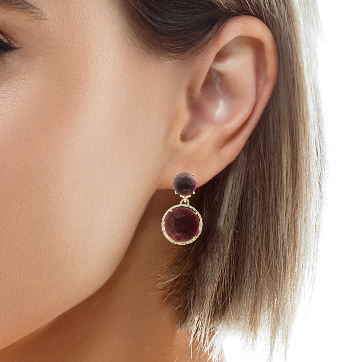 0.58CT Diamond with Ruby 14k Yellow Gold Earring