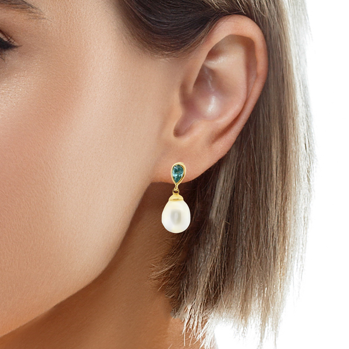 0.55CT Blue Topaz 14k Yellow Gold Pearl Earring