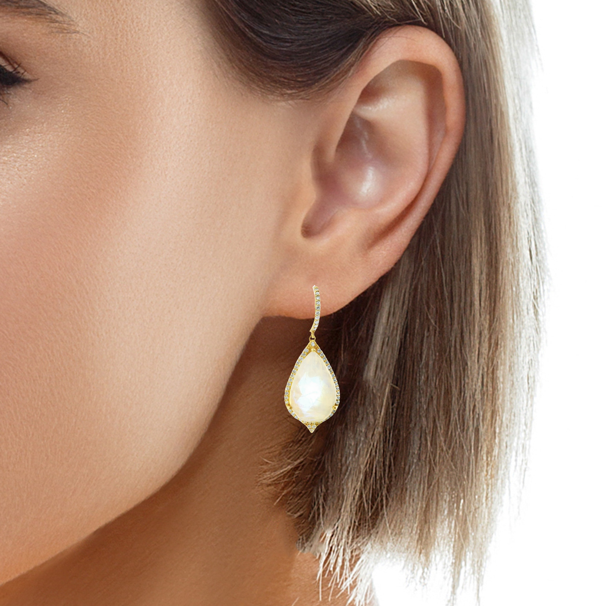 1.10CT Diamond with Faceted Rain Moon 14k Yellow Gold Earring