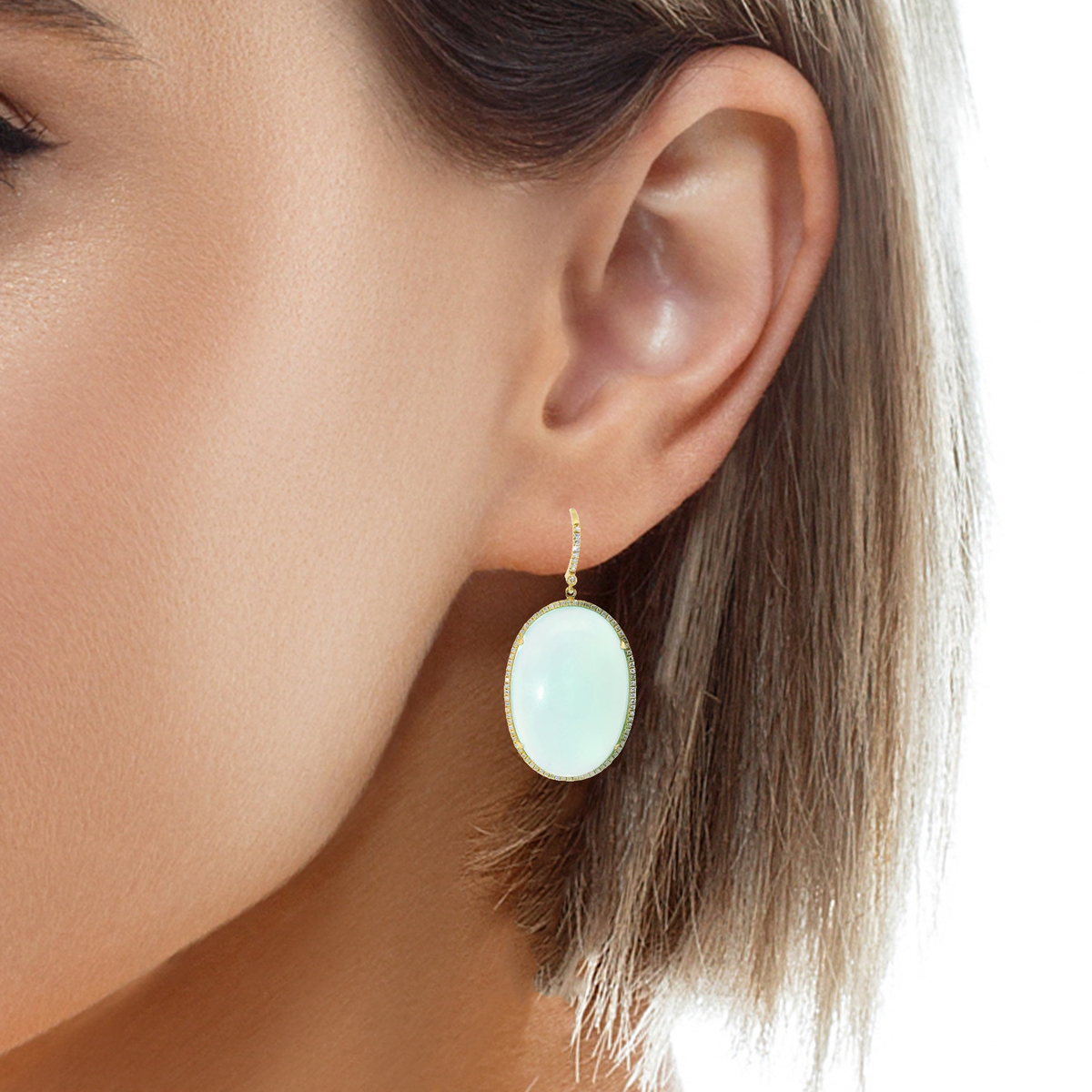 0.70CT Diamond with Aqua Chalcedony Stone 14k Yellow Gold Earring