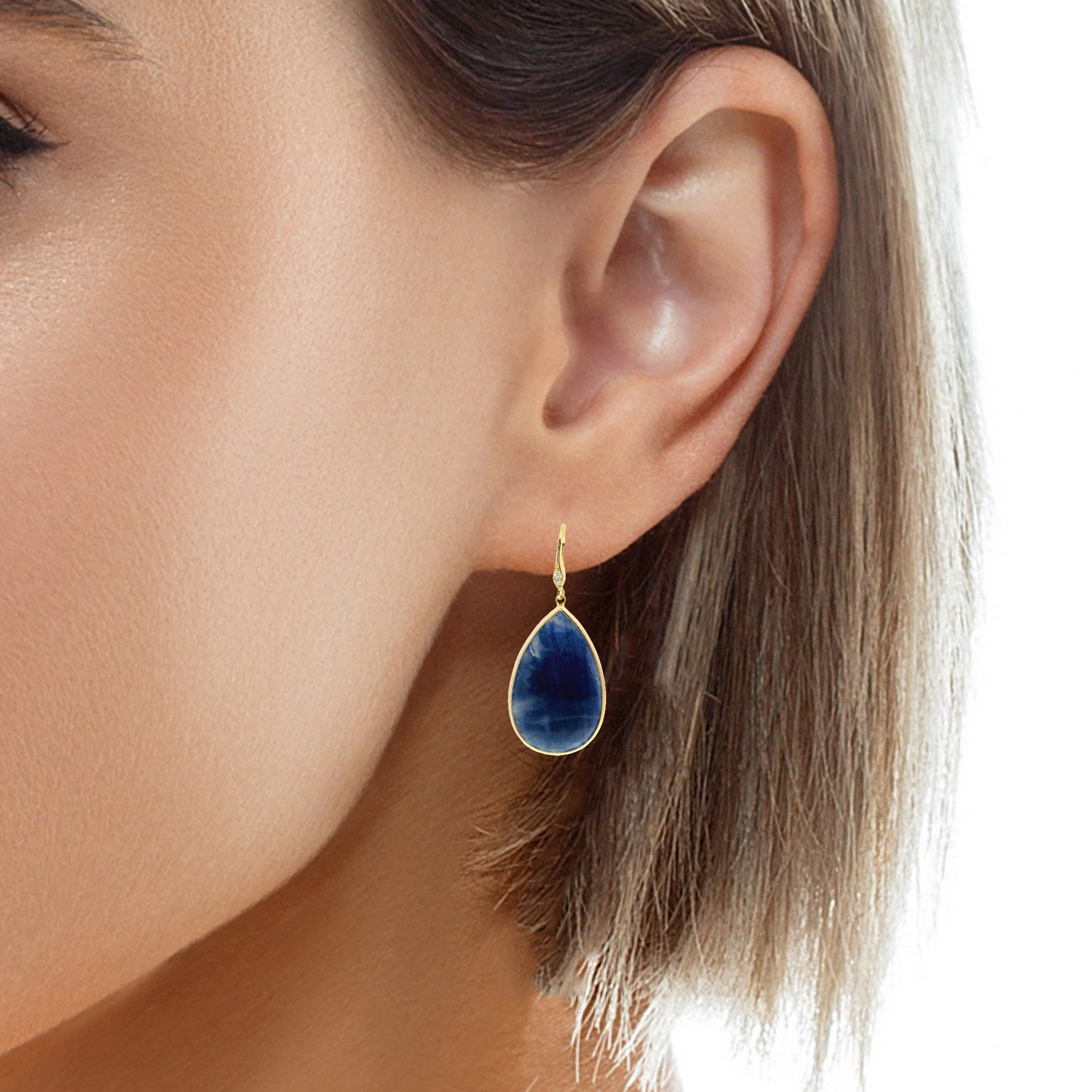 0.07CT Diamond Hoop Blue Sapphire Earring 14k Yellow Gold