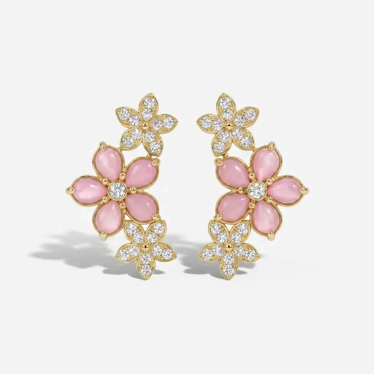 14K Gold Pink Mother of Pearl & Diamond Flower Earrings