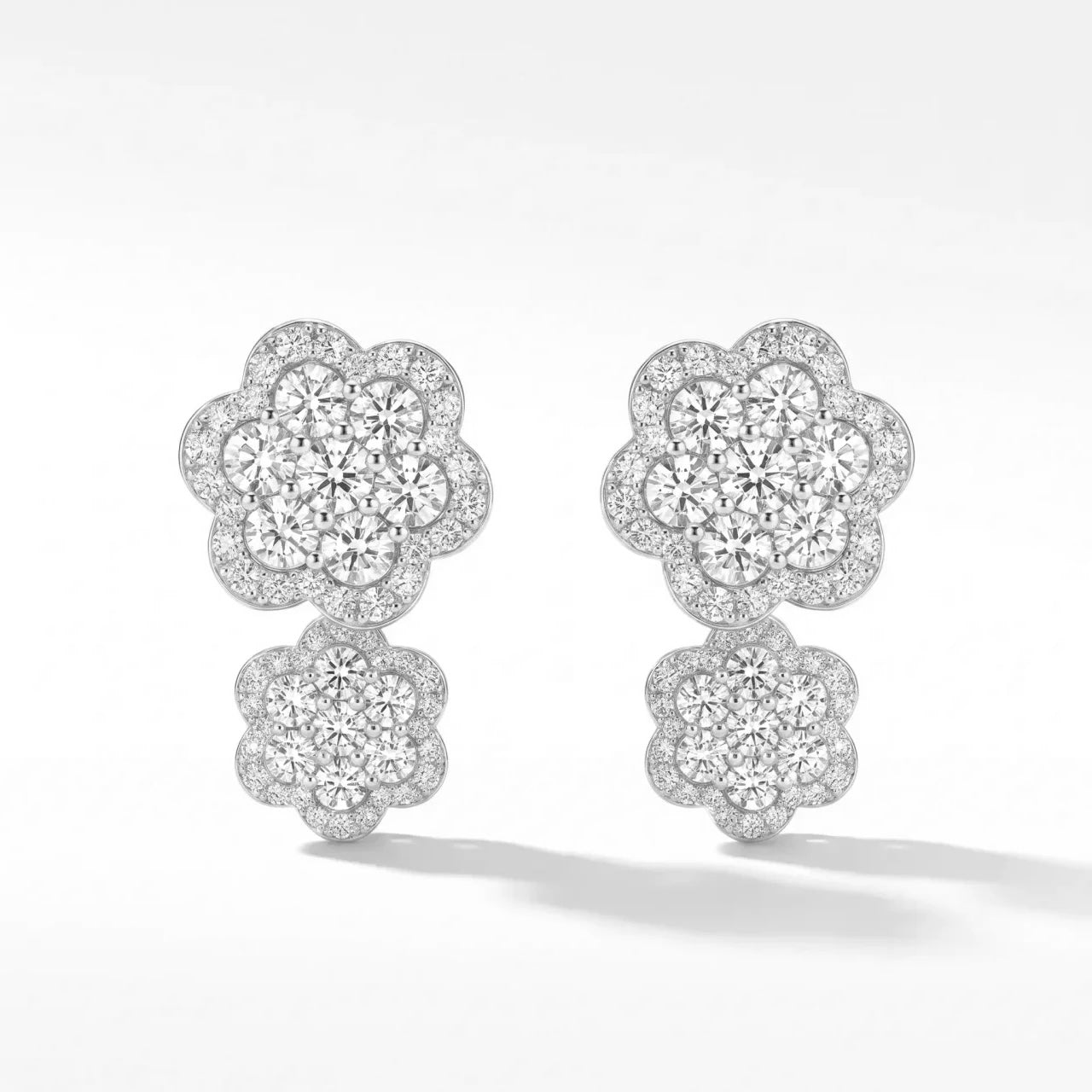 14K White Gold Diamond Cluster Flower Earrings