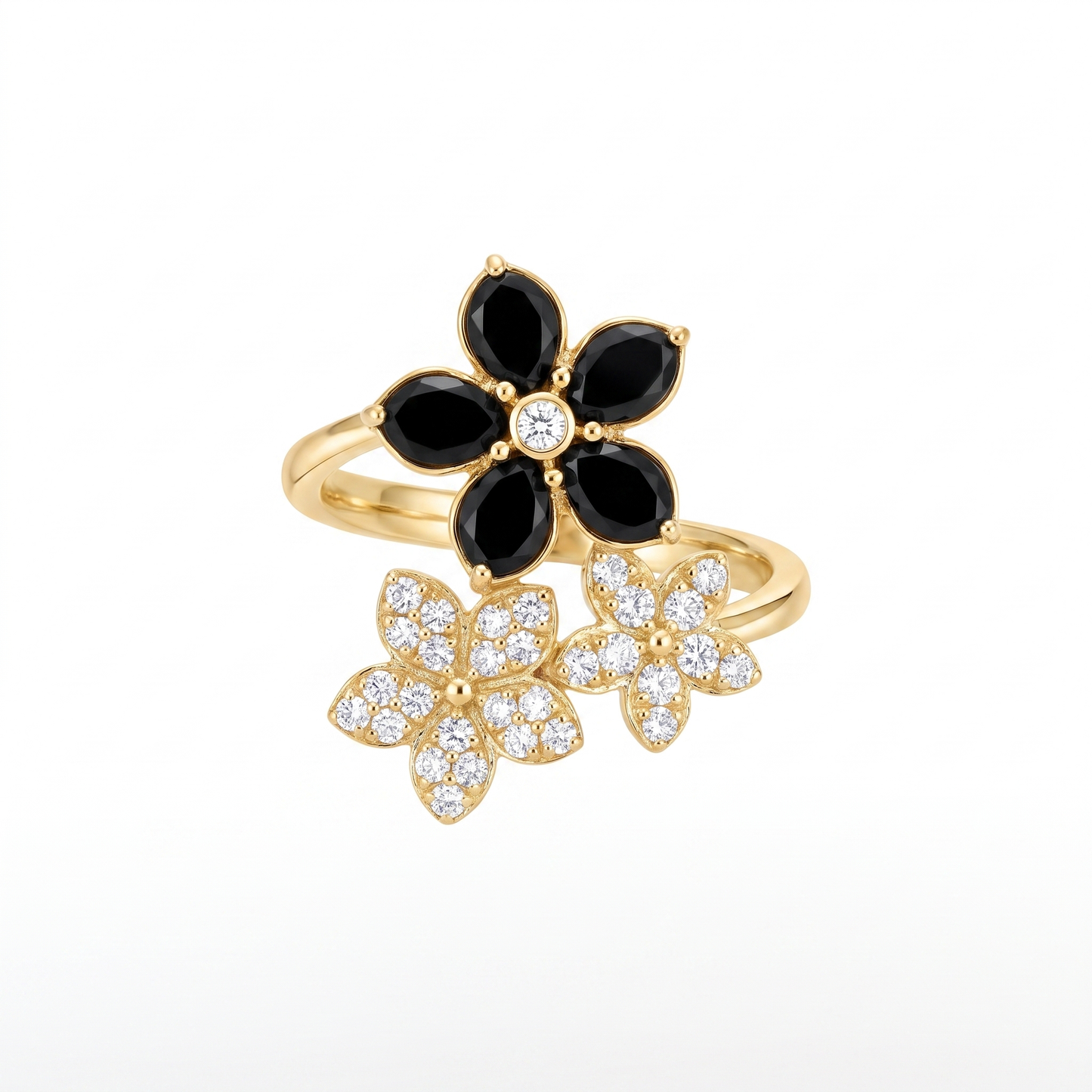 14K Gold Black Onyx & Diamond Flower Ring