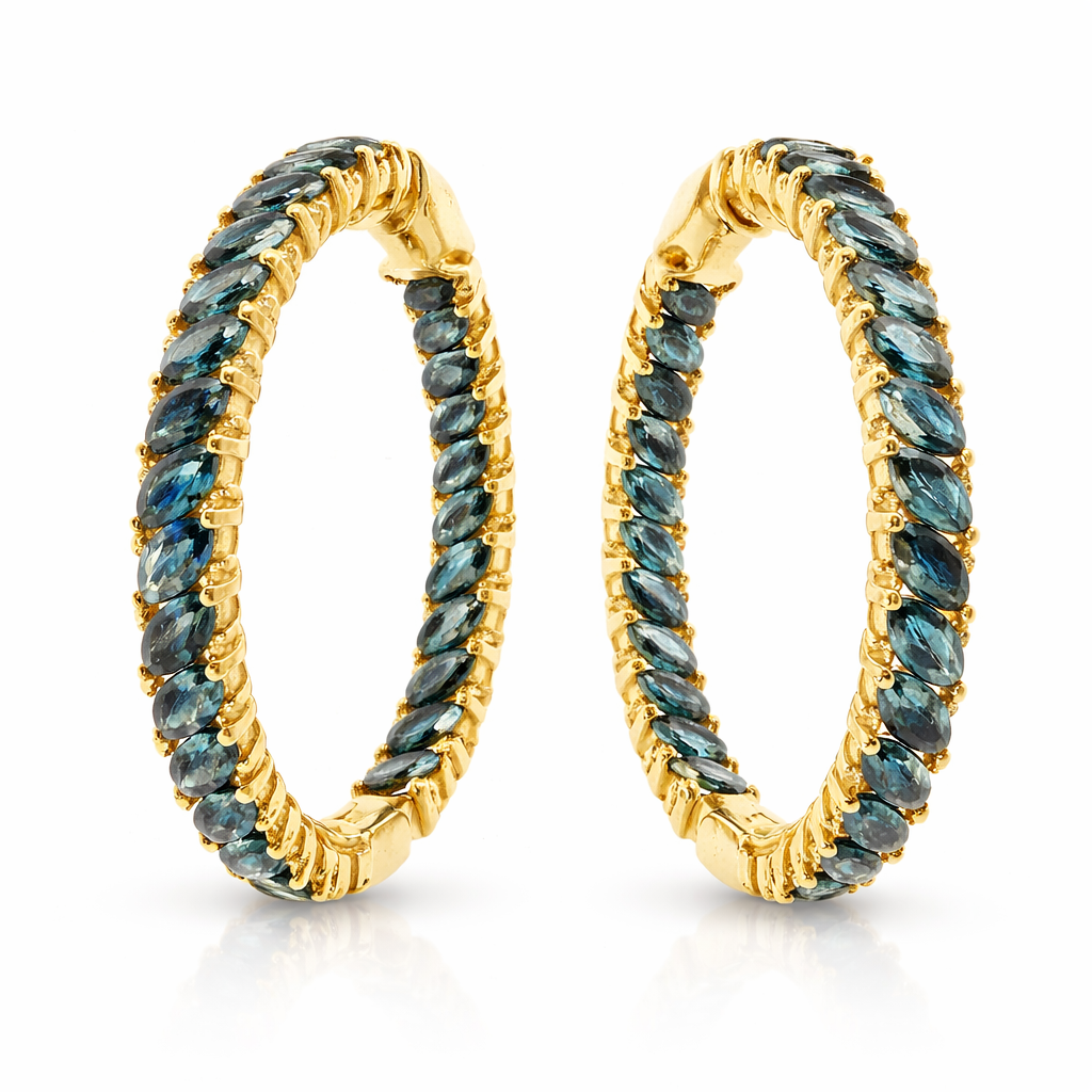 0.36CT Diamond 10.31CT Blue Sapphire HOOP 14k Yellow Gold Earring