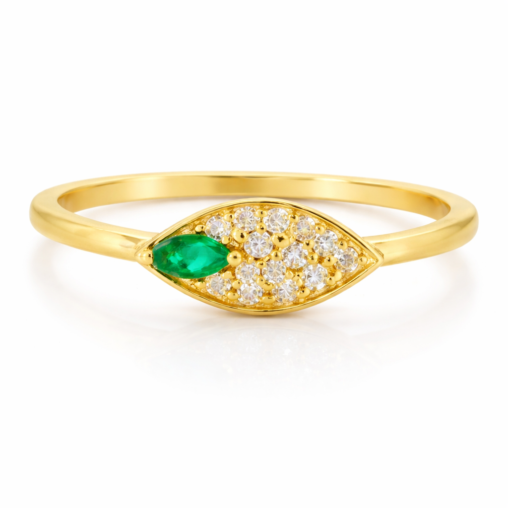 0.07CT Diamond 0.05CT Emerald Ring 18K Yellow Gold