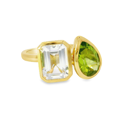 2.05CT White Topaz ands 1.39CT Green Peridot Ring 14K Yellow Gold