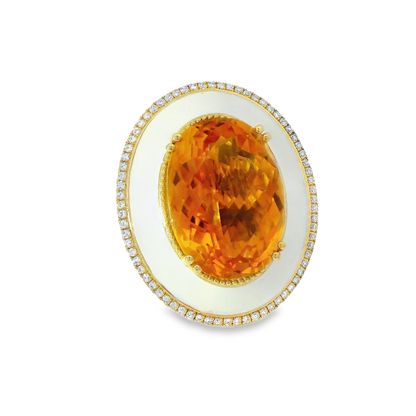 0.29CT Diamond and 12.80CT Gold Citrine with White Enamel Ring 14K Yellow Gold