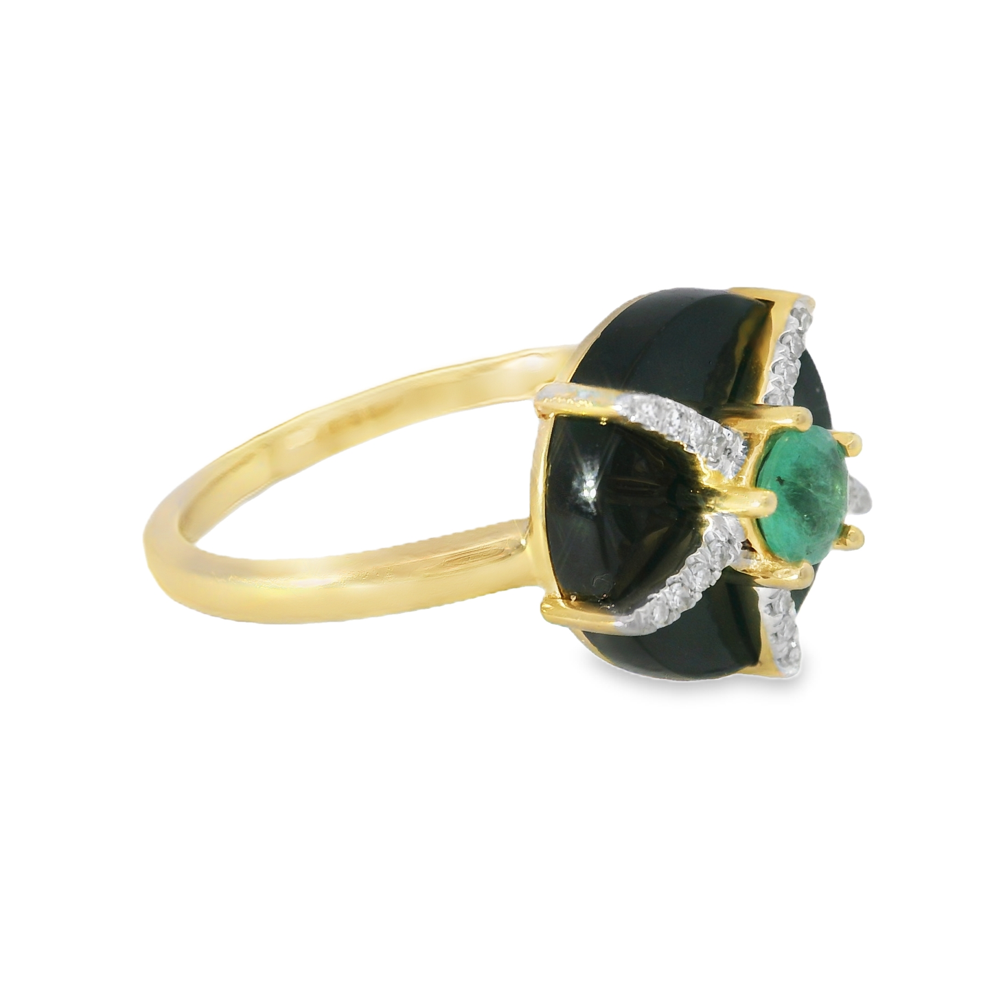 0.08 CT Diamond  and 0.23CT Emerald with Black Agate Ring 14K Yellow Gold