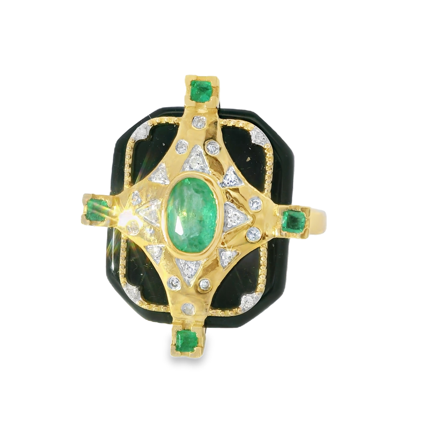 0.10CT Diamond and 0.16CT Ruby with Black Agate Ring 14K Yellow Gold