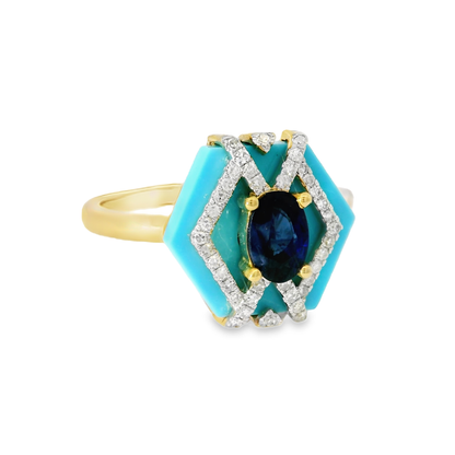 0.14 CT Diamond with 0.4 8CT Blue Sapphire with Turquoise Agate Ring 14K Yellow Gold
