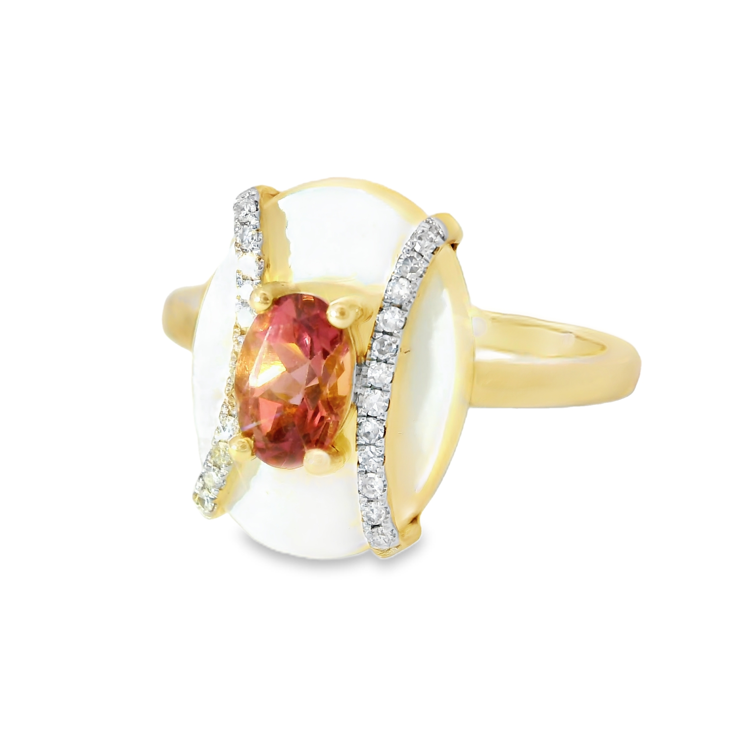 0.09CT Diamond and 0.50CT Pink Sapphire with White Agate 14K Yellow Gold