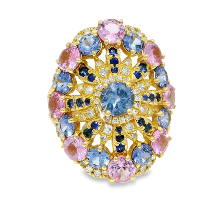 0.29CT Diamond and 4.71CT Multi-Colored Sapphire Gemstone Ring 14K Yellow Gold