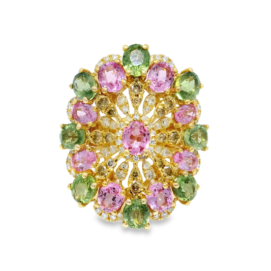 0.42CT Diamond and 8.72CT Mixed Sapphire Gemstone Ring 14K Yellow Gold