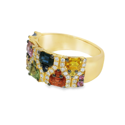 0.28CT Diamond Ring 2.16CT Multi Sapphire 14K Yellow Gold