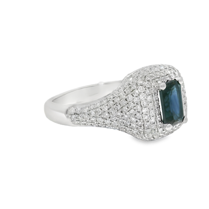 0.75CT Diamond & 0.85CT Emerald Cut Blue Sapphire Centre Stone Ring 14k Yellow Gold