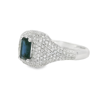 0.75CT Diamond & 0.85CT Emerald Cut Blue Sapphire Centre Stone Ring 14k Yellow Gold