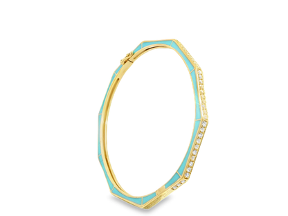 0.84CT Diamond Bangle with Turquoise Enamel 14k Yellow Gold