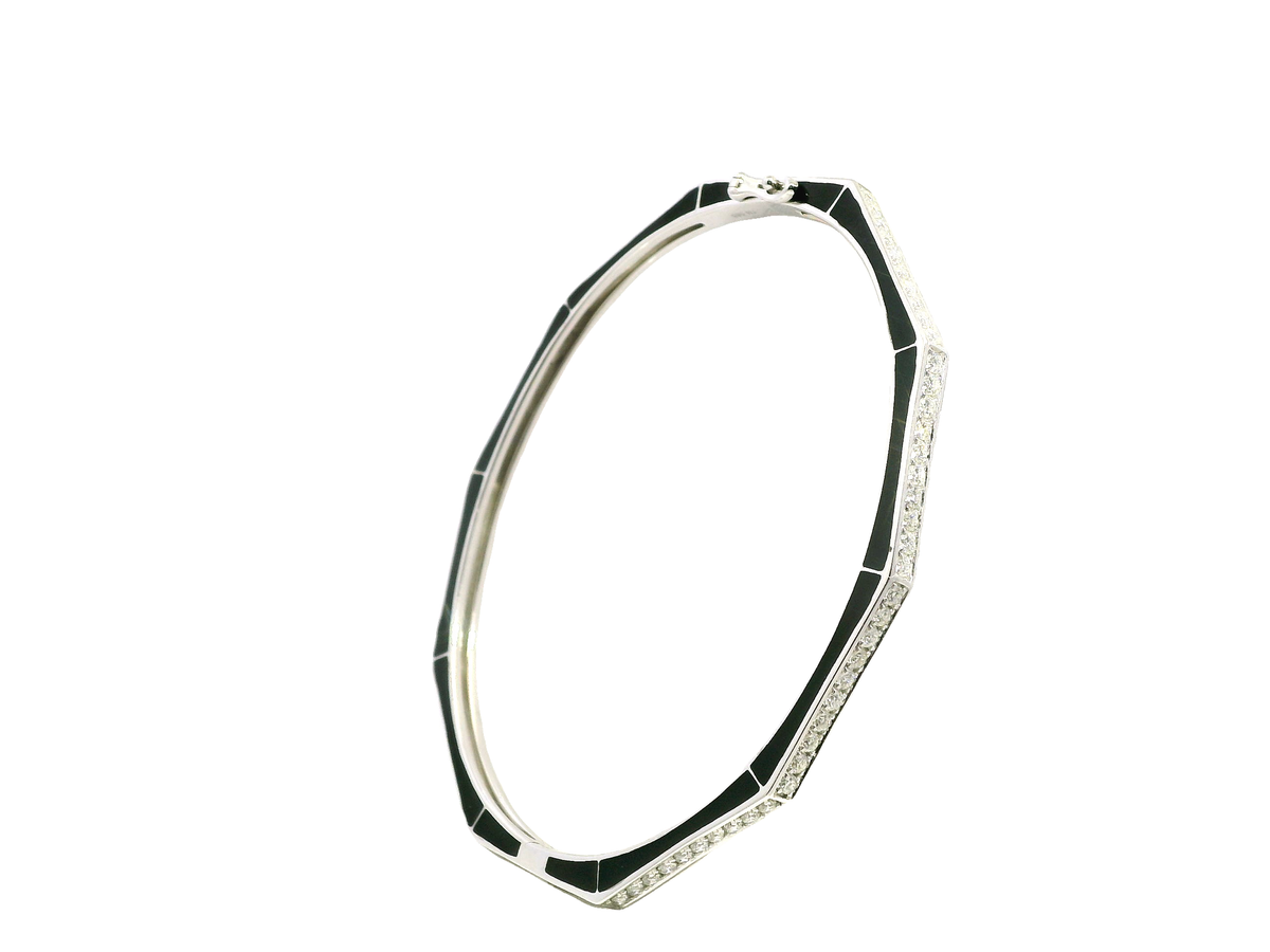 0.83Ct Diamond Bangle with Black Enamel 14k White Gold