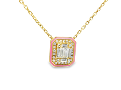 0.29CT Diamond Pendant with Pink Enamel 14k Yellow Gold