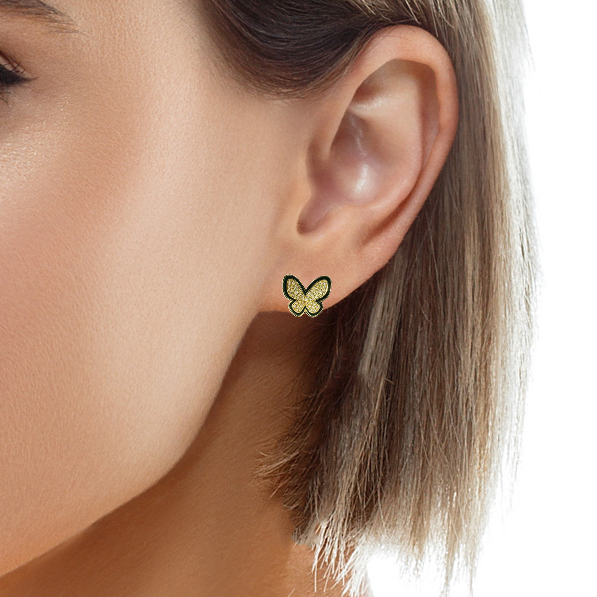 0.38CT Diamond with Black Enamel 14k Yellow Gold Earring