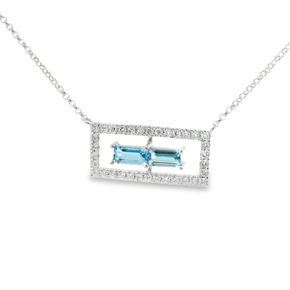 0.23CT Diamond 0.53CT Baguette Blue Topaz Pendant 14k White  Gold