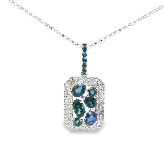 0.20CT Diamond 1.11CT  Blue Sapphire Pendant 14k White Gold Pendant
