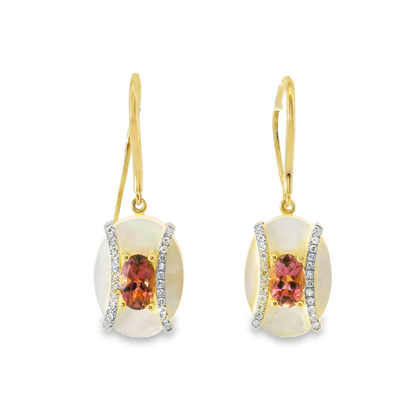 0.17CT Diamond with MOP and Pink Sapphire 14k Yellow Gold Earring