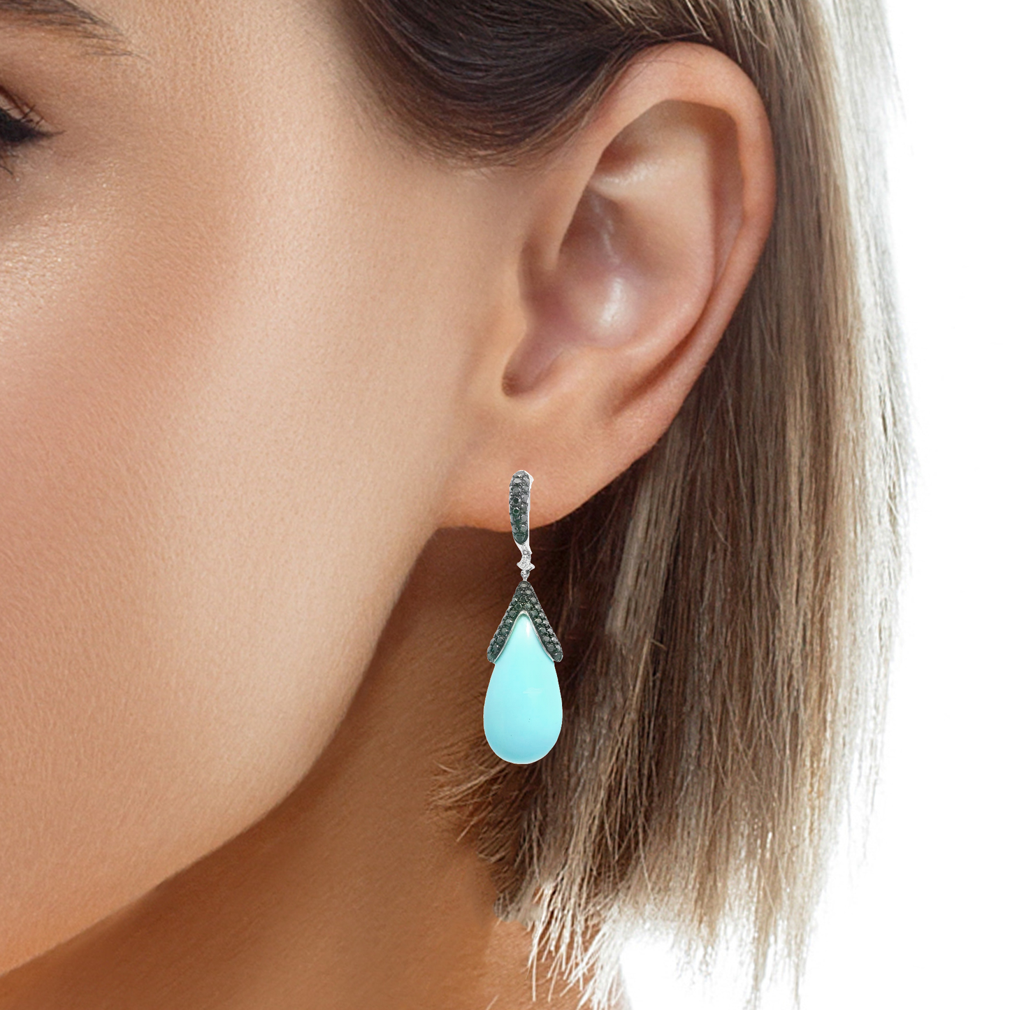 0.05CT Black Diamond with Turquoise  14k White Gold Earring