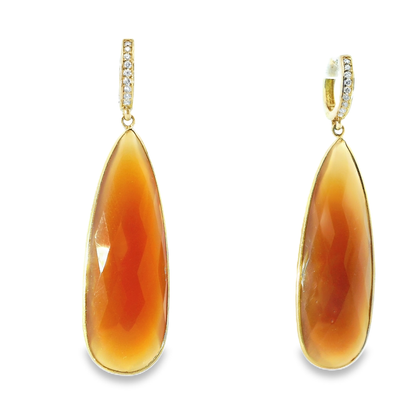 0.15CT Diamond with Orange Calcedony 14k Yellow Gold Earring