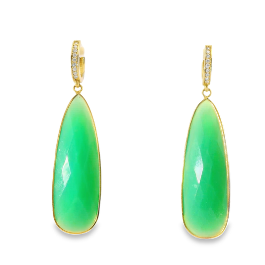 0.15Ct Diamond with Green Calcedony 14k Yellow Gold Earring