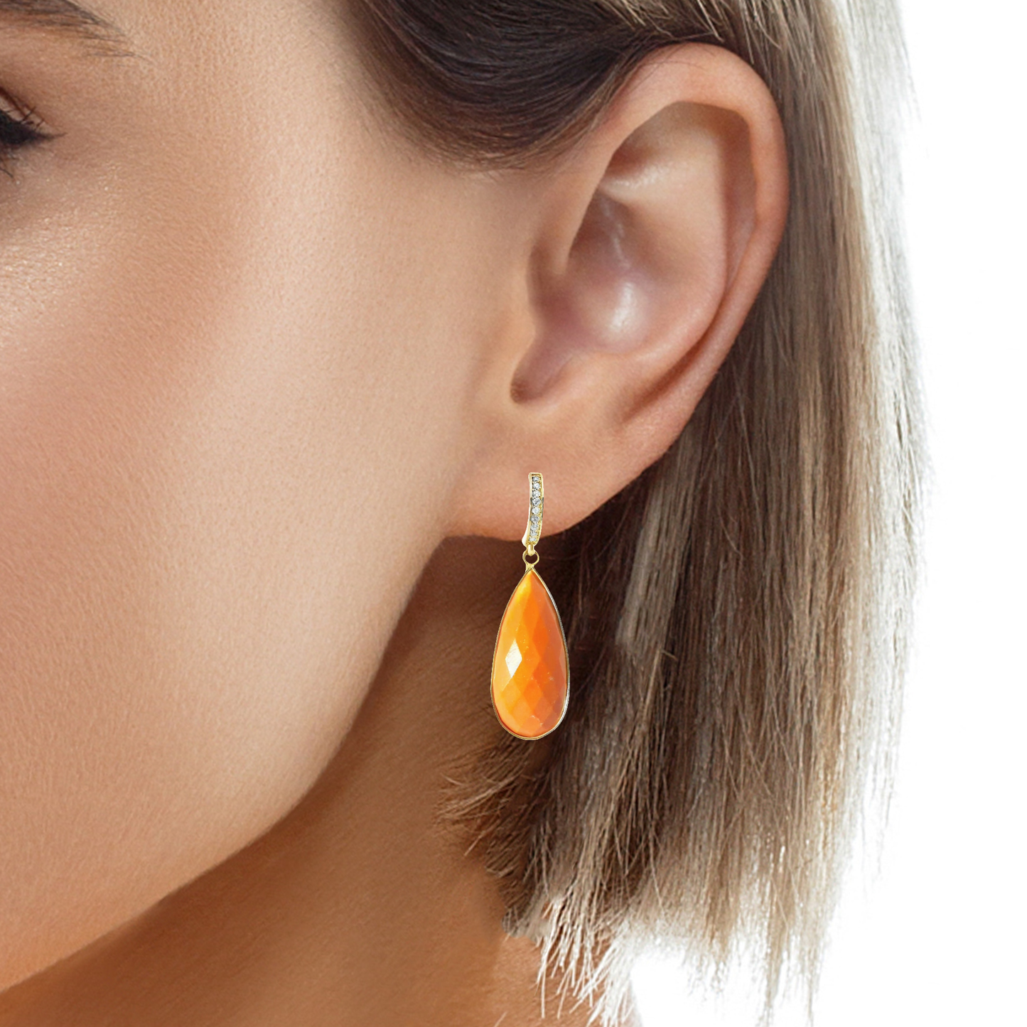 0.15CT Diamond with Coral 14k Yellow Gold Earring