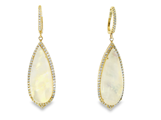 1.18CT Diamond with Rainbow Moon Stone 14k Yellow Gold Earring