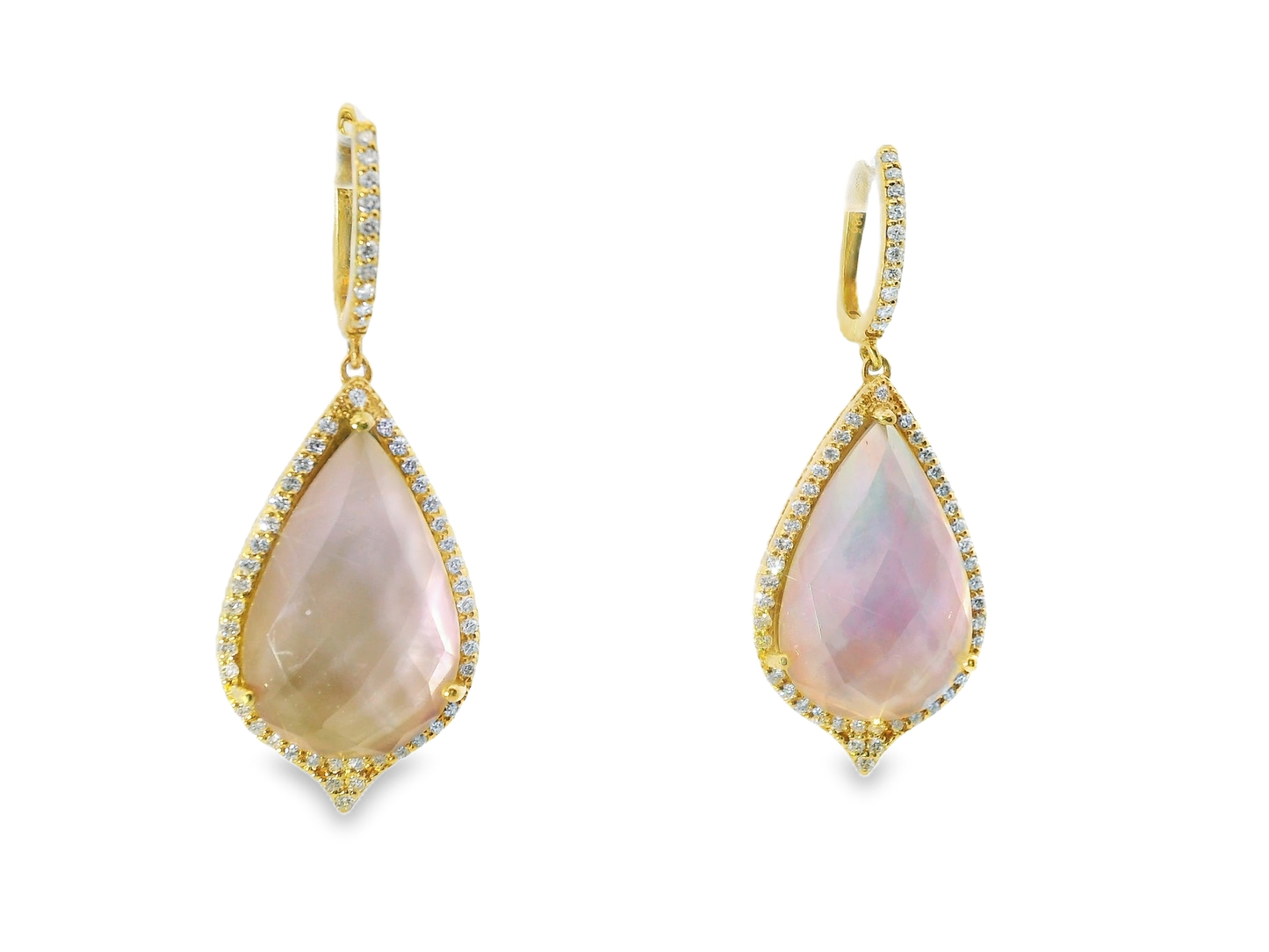 0.96CT Diamond with Faceted Rose de France Pink Stone 14k Yellow Gold Earring