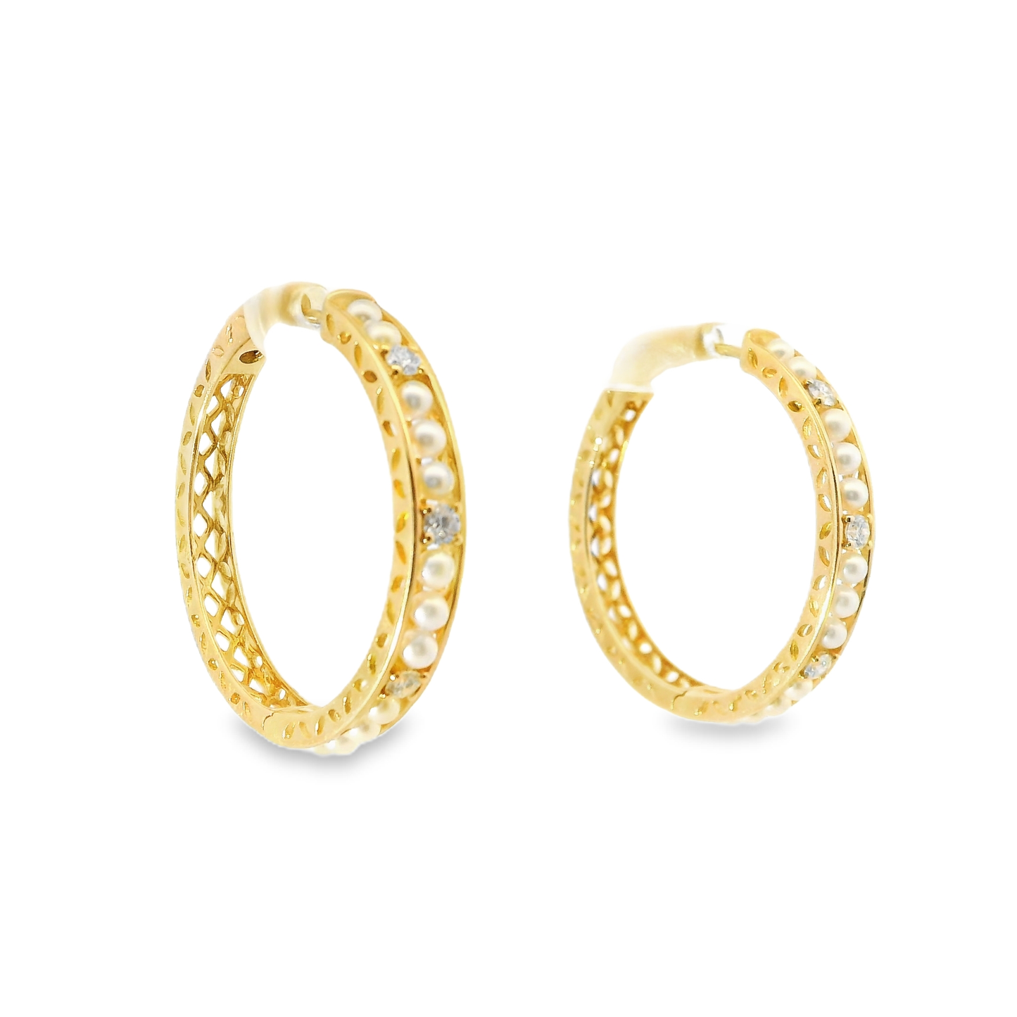 0.33CT Diamond  HOOP 14k Yellow Gold Pearl Earring