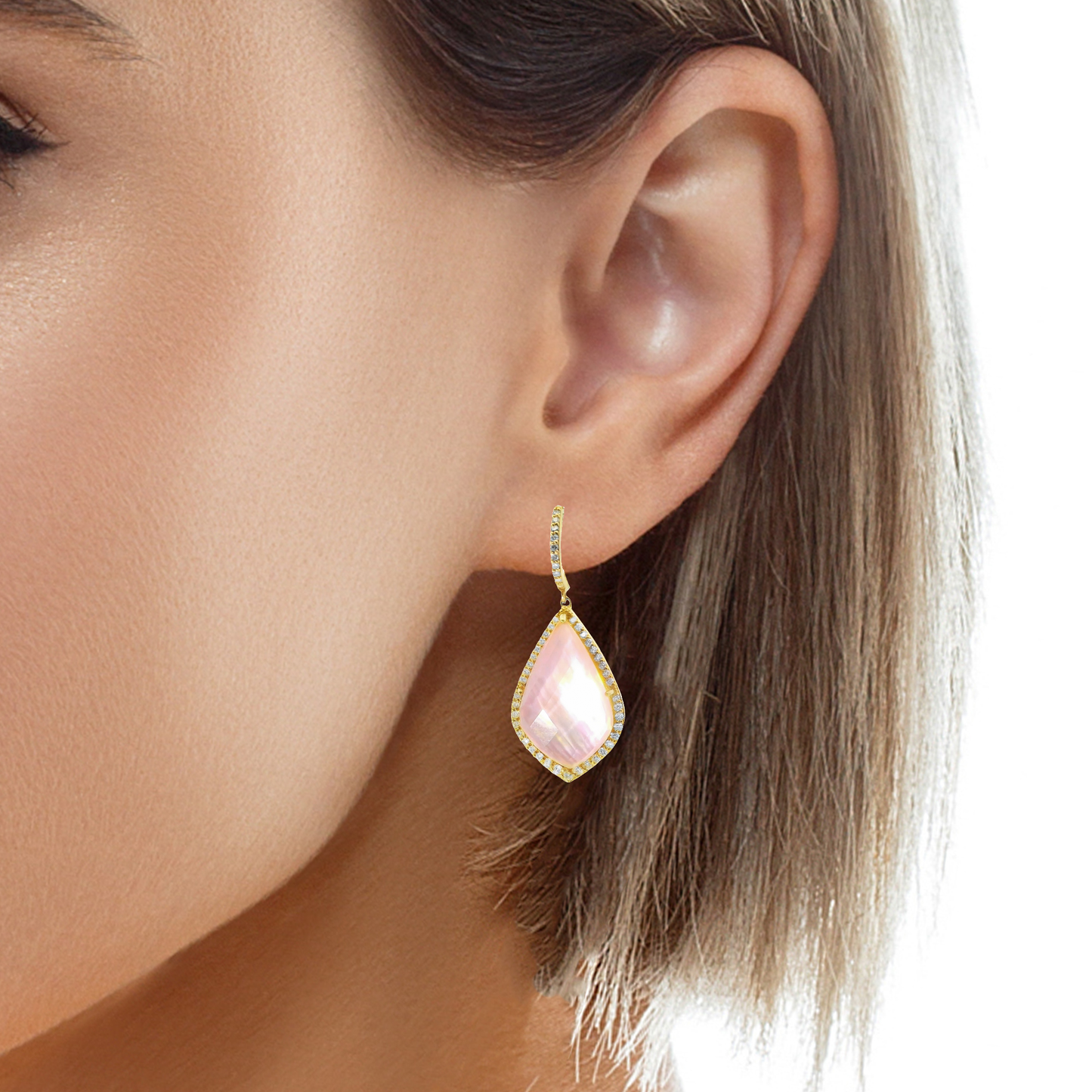1.30CT Diamond with Faceted Pink Quartz MOP 14k Yellow Gold Earring