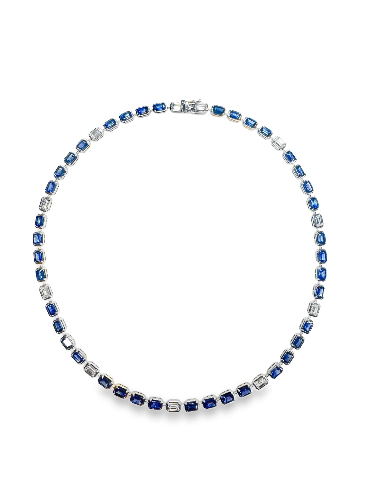 3.53CT Emerald Cut Lab Diamond 12.09CT Blue Sapphire 14K White Gold Necklace