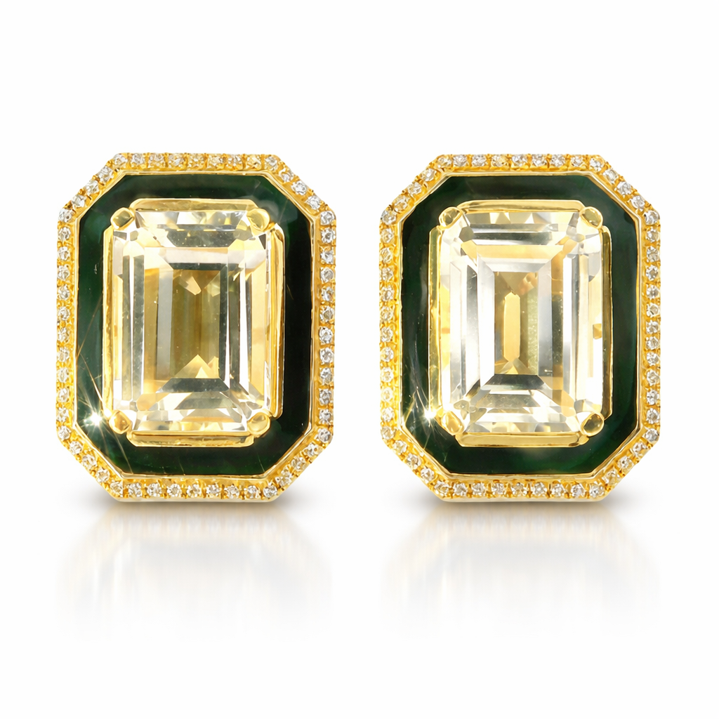 0.22CT Diamond with Black Enamel with White Topaz 14k Yellow Gold Earring