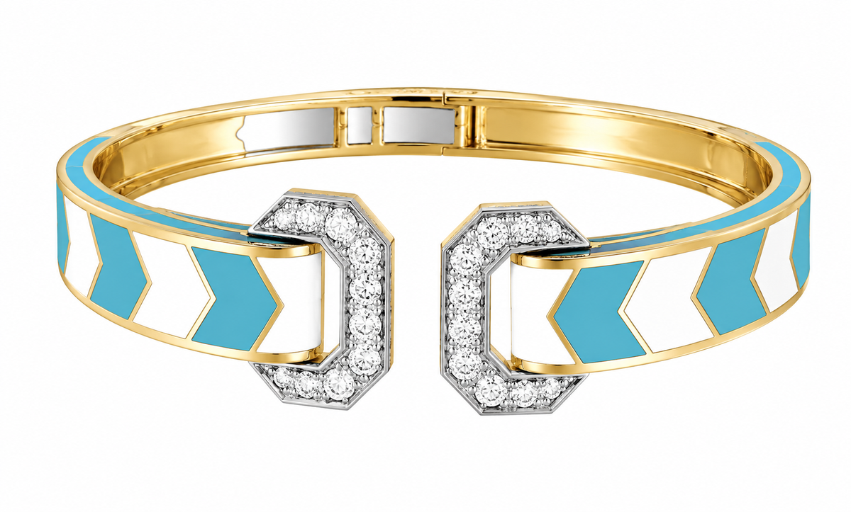 Turquoise and white enamel hinged bangle with pavé diamond terminals in 14K yellow gold – Tennista Jewelry