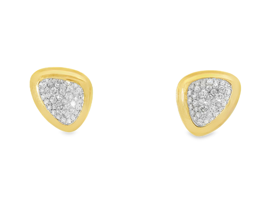 Triangular gold earrings with diamond-like material on a white background