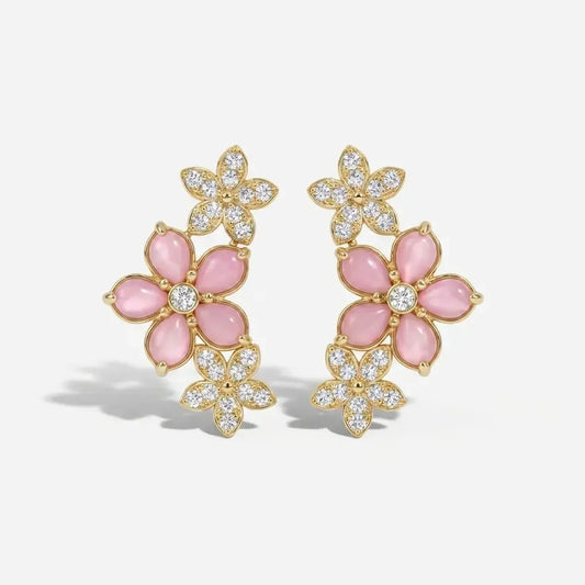 14K Gold Pink Mother of Pearl & Diamond Flower Earrings