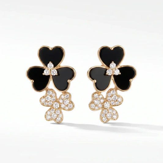 14K Gold Black Onyx & Diamond Flower Earrings