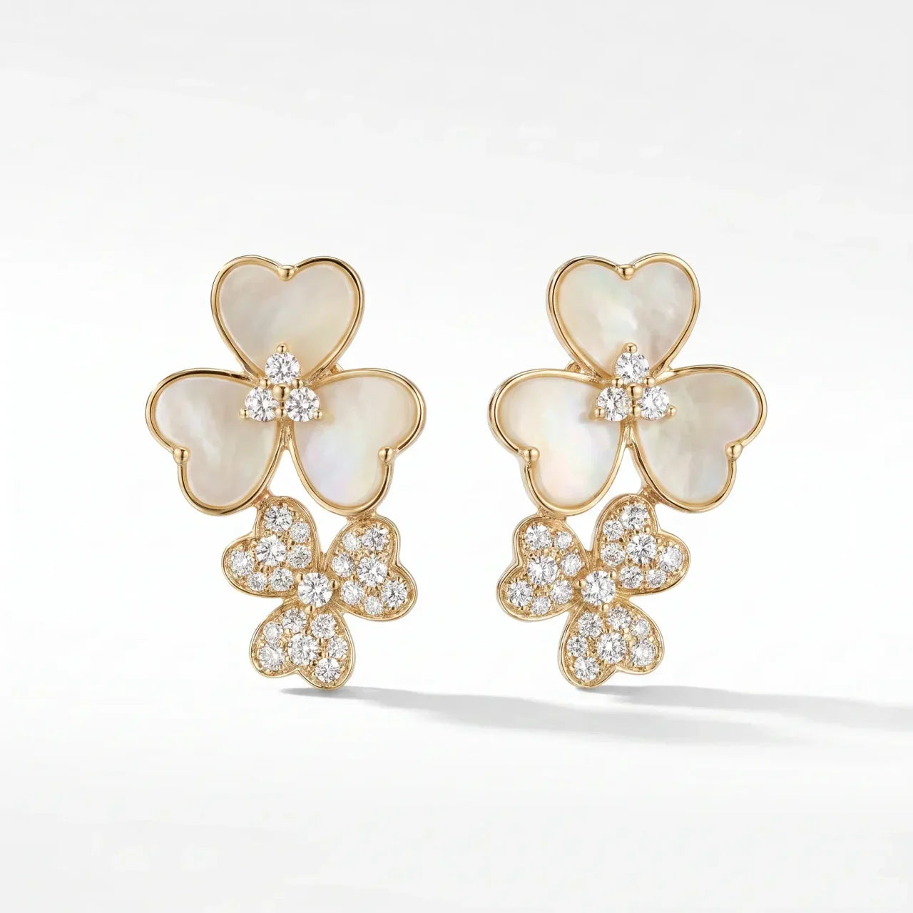 14K Gold White Mother of Pearl & Diamond Clover Earrings