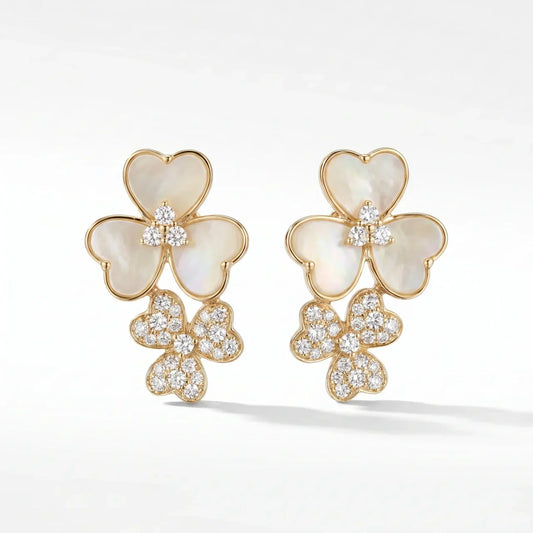14K Gold White Mother of Pearl & Diamond Clover Earrings