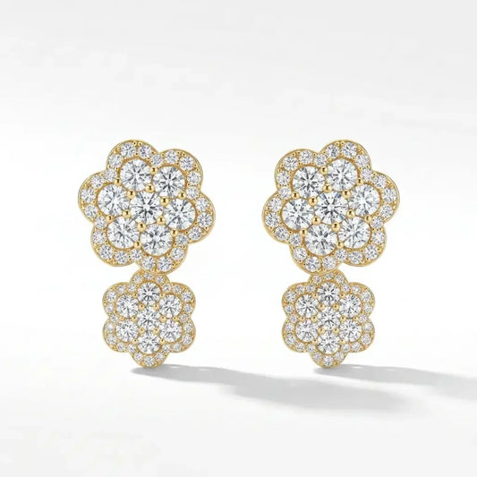14K Gold Diamond Cluster Flower Earrings