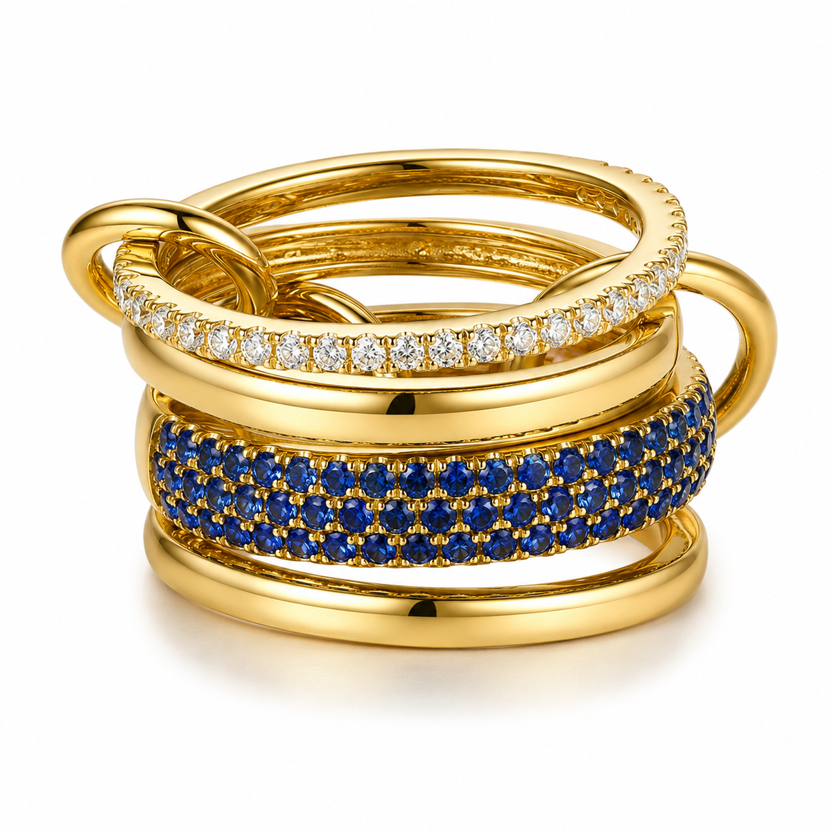 Blue sapphire and diamond four-band linked stack ring in 14K yellow gold – Tennista Jewelry