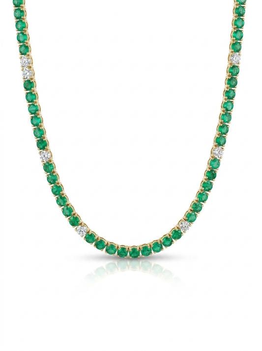 1.34CT Diamond 13.82CT Emerald Tennis Necklace 14k Yellow Gold